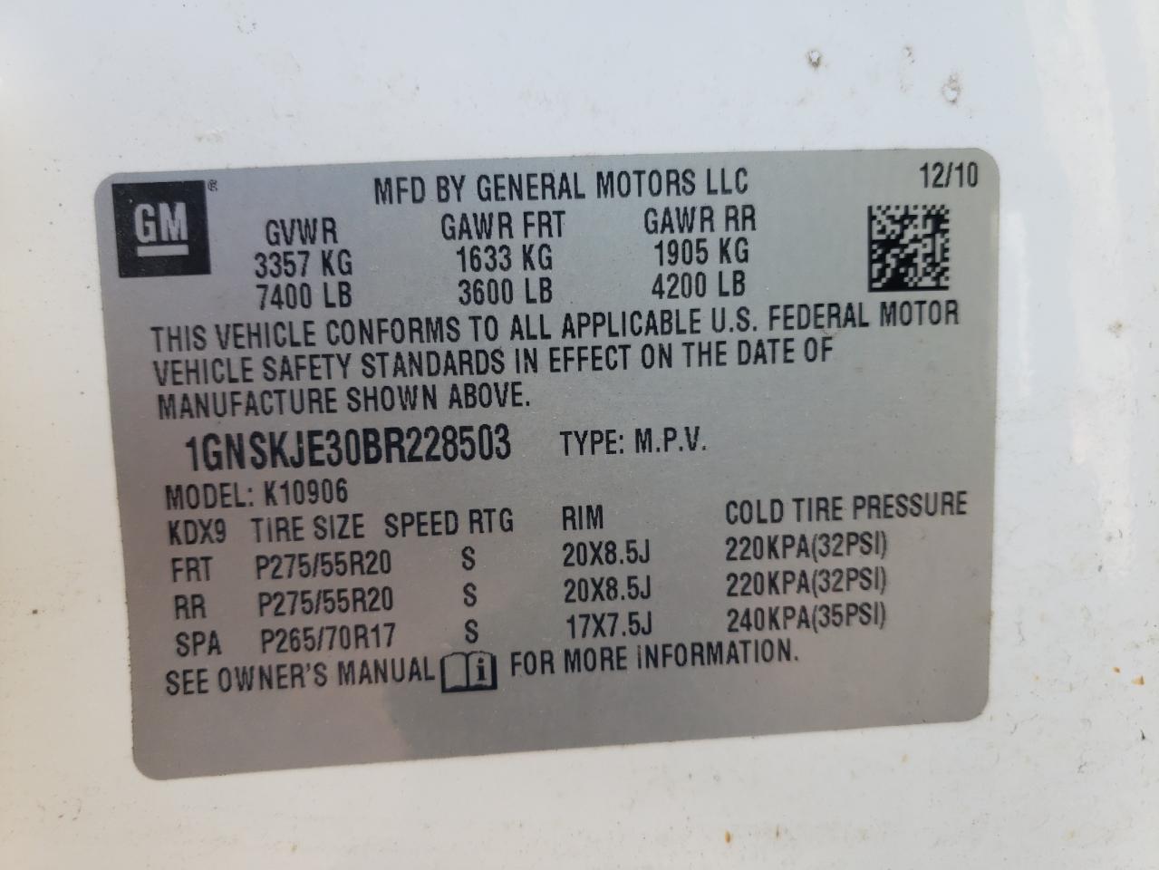 2011 Chevrolet Suburban K1500 Lt VIN: 1GNSKJE30BR228503 Lot: 85052854