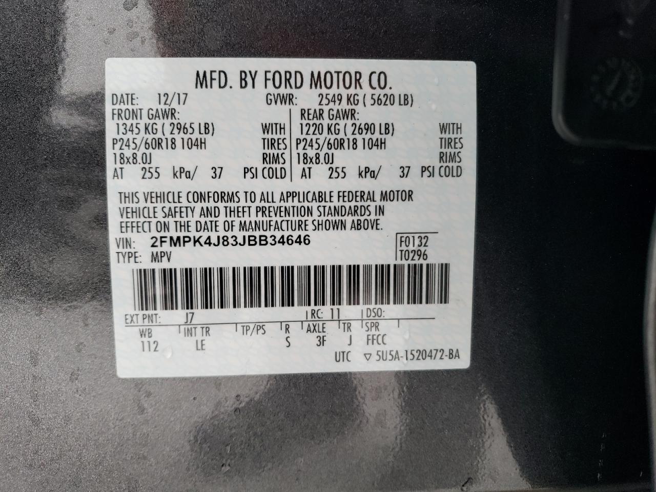 2018 Ford Edge Sel VIN: 2FMPK4J83JBB34646 Lot: 85004934