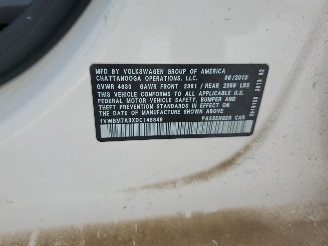 2013 Volkswagen Passat Se VIN: 1VWBM7A3XDC148849 Lot: 85581255