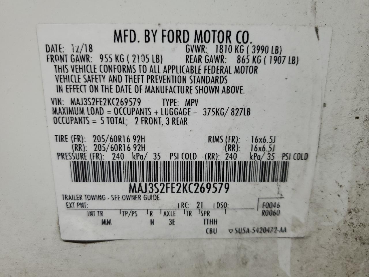 VIN MAJ3S2FE2KC269579 2019 FORD ECOSPORT no.13