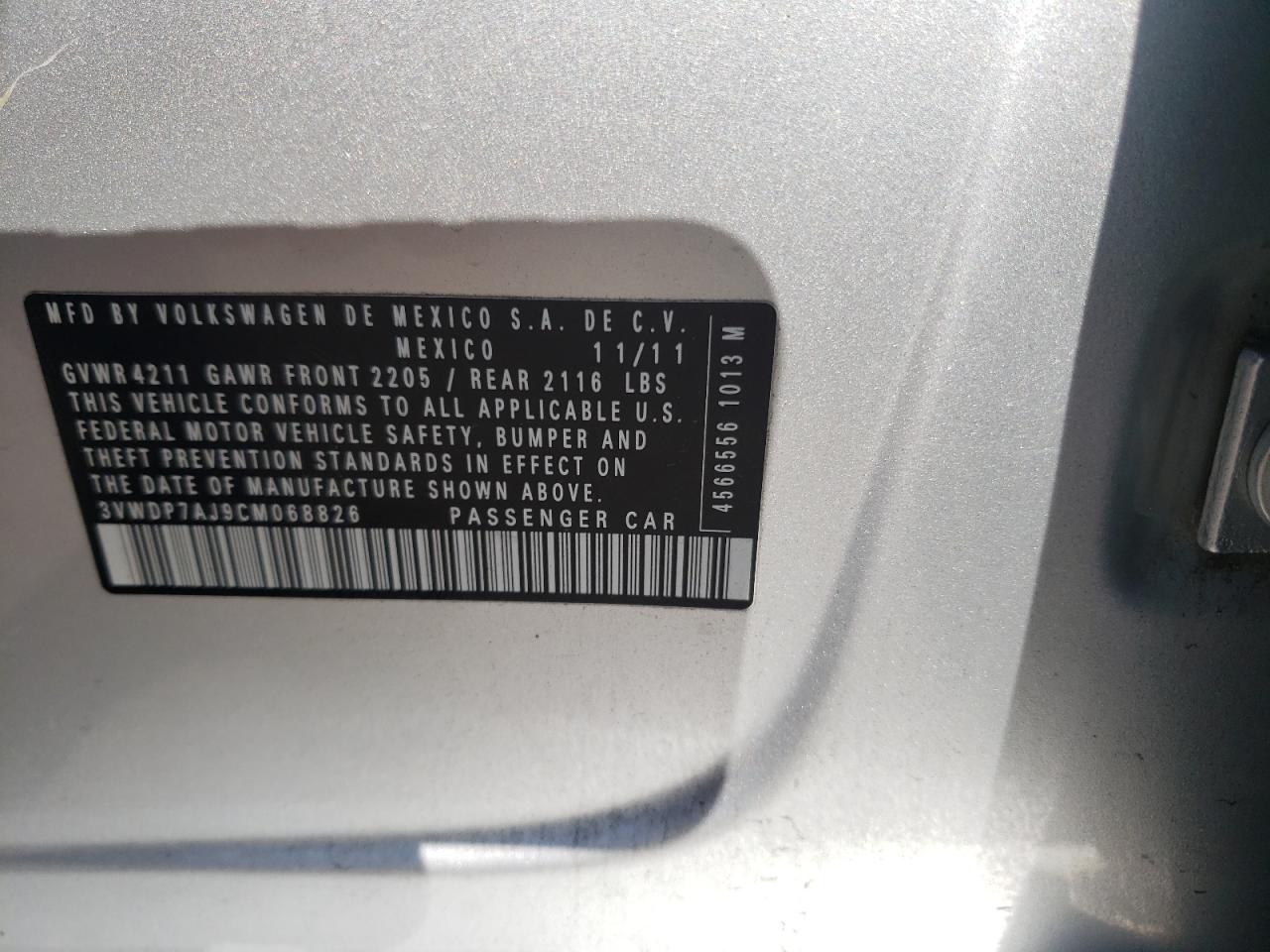 2012 Volkswagen Jetta Se VIN: 3VWDP7AJ9CM068826 Lot: 86598434