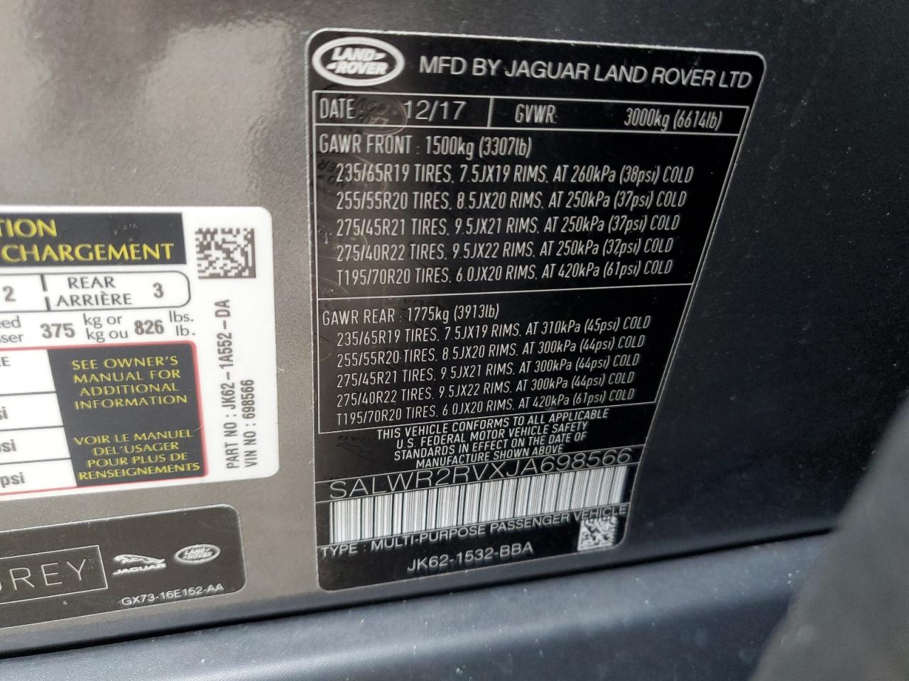 2018 Land Rover Range Rover Sport Hse VIN: SALWR2RVXJA698566 Lot: 83823524