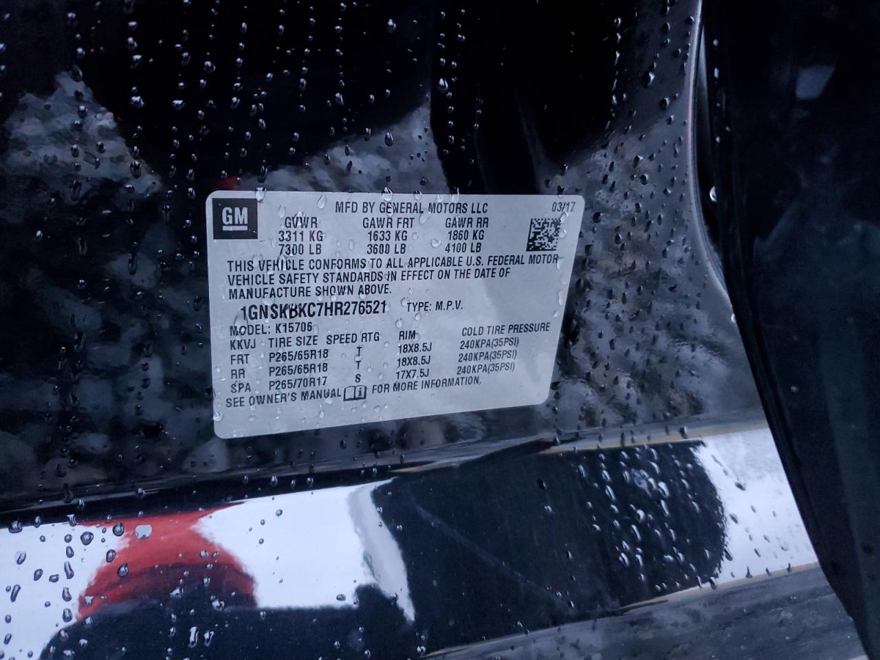 2017 Chevrolet Tahoe K1500 Lt VIN: 1GNSKBKC7HR276521 Lot: 87349334