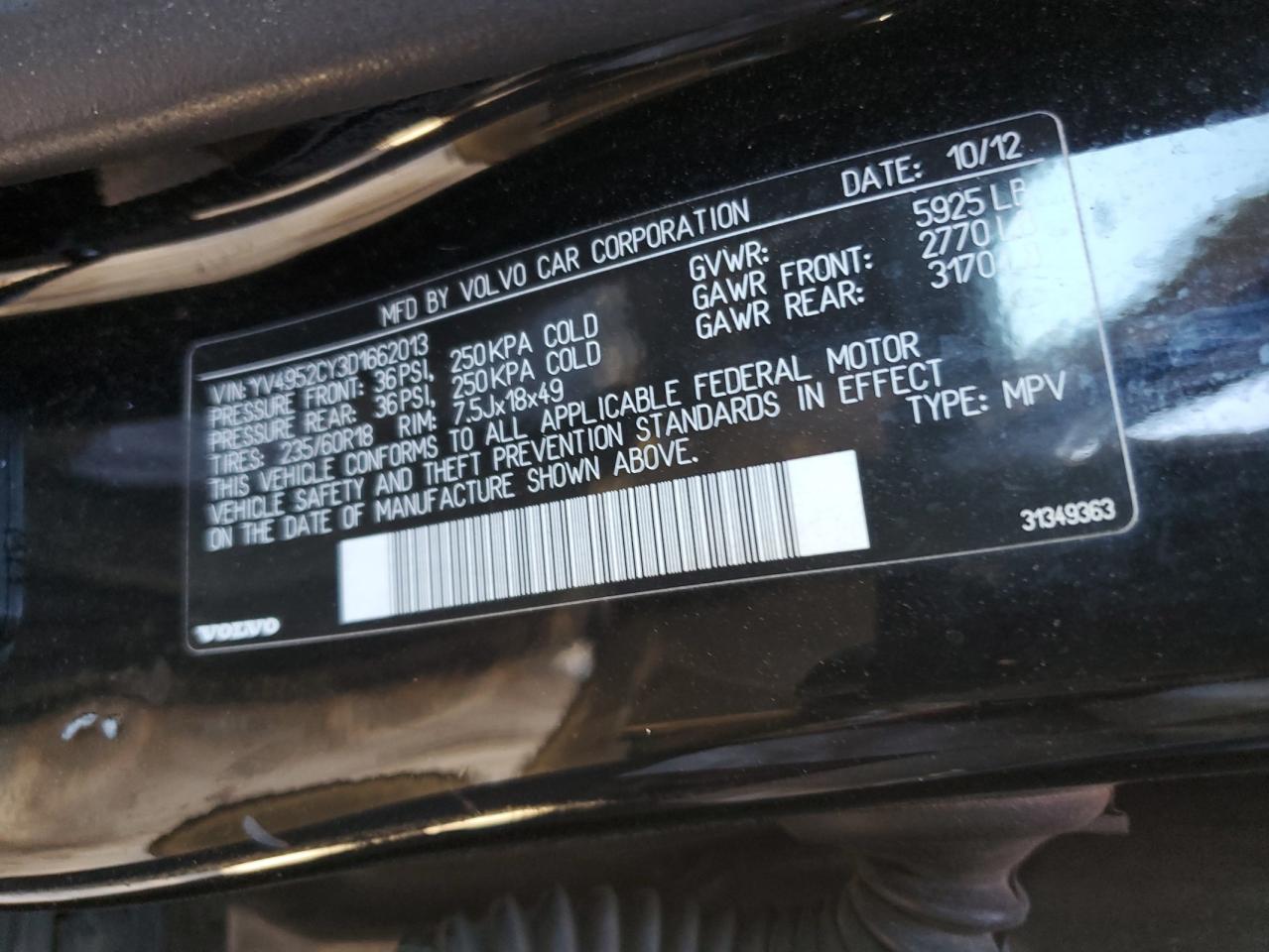 2013 Volvo Xc90 3.2 VIN: YV4952CY3D1662013 Lot: 83862394