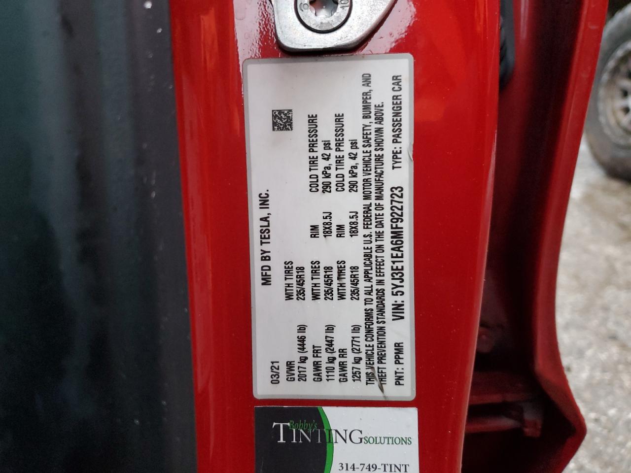 2021 Tesla Model 3 VIN: 5YJ3E1EA6MF922723 Lot: 85822744