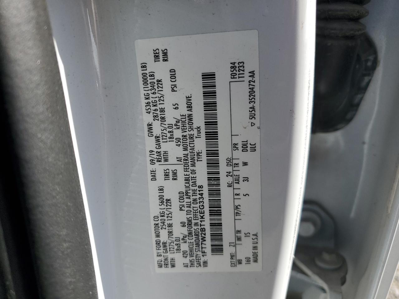 VIN 1FT7W2BT1KEG33418 2019 FORD F250 no.12