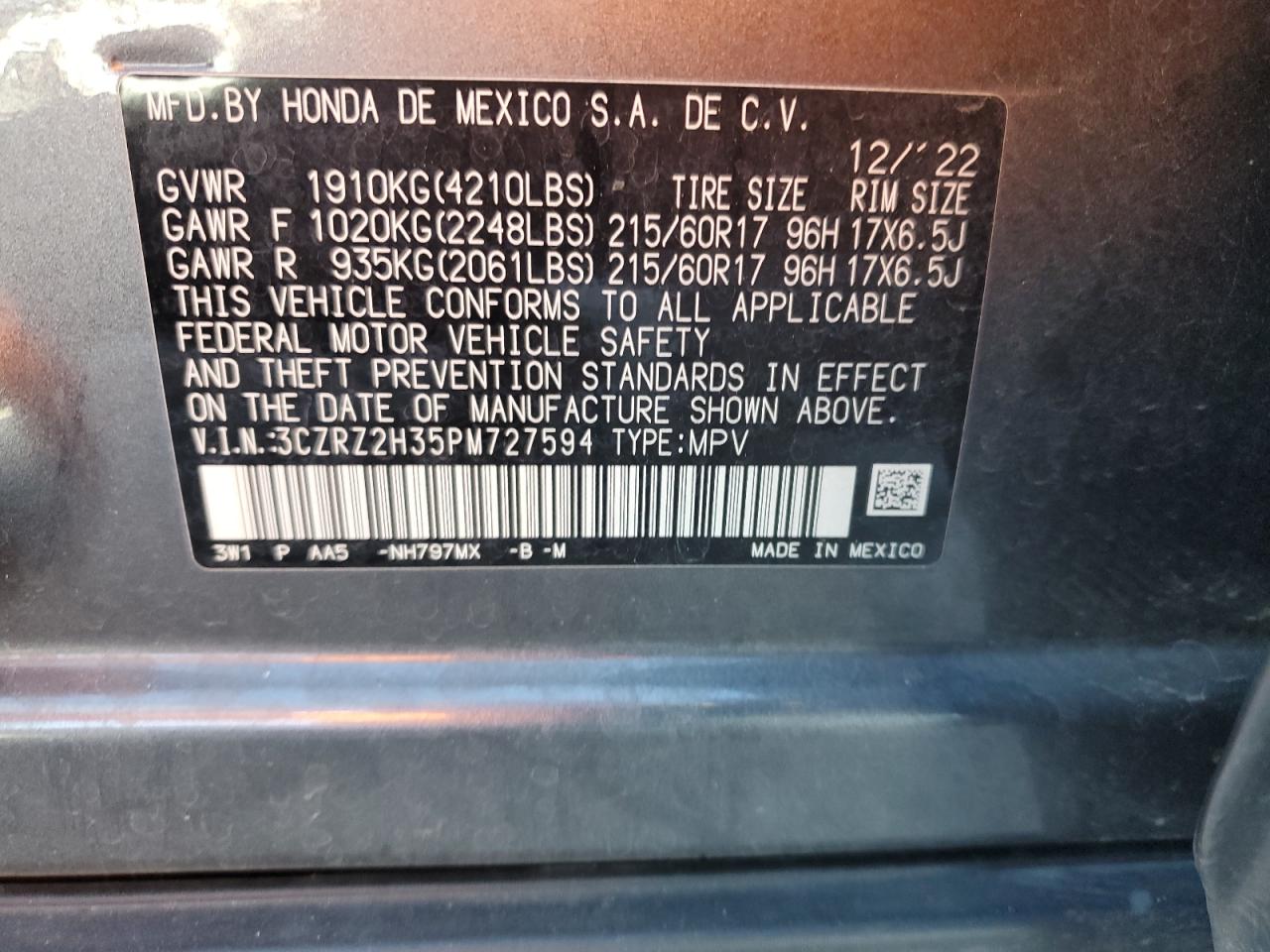 VIN 3CZRZ2H35PM727594 2023 HONDA HR-V no.12