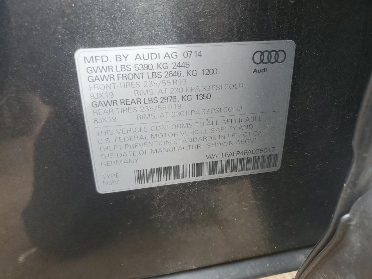 VIN WA1LFAFP4FA025017 2015 AUDI Q5 no.14