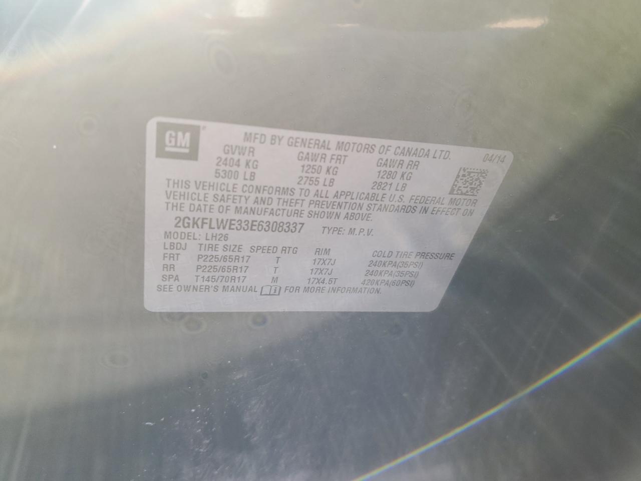 2014 GMC Terrain Sle VIN: 2GKFLWE33E6308337 Lot: 82682294