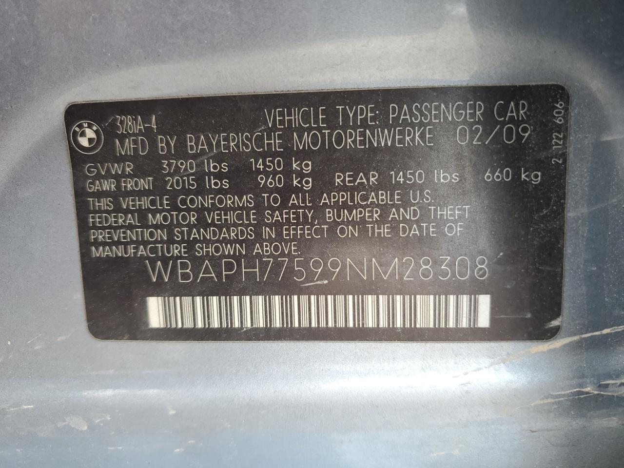 2009 BMW 328 I VIN: WBAPH77599NM28308 Lot: 85028264