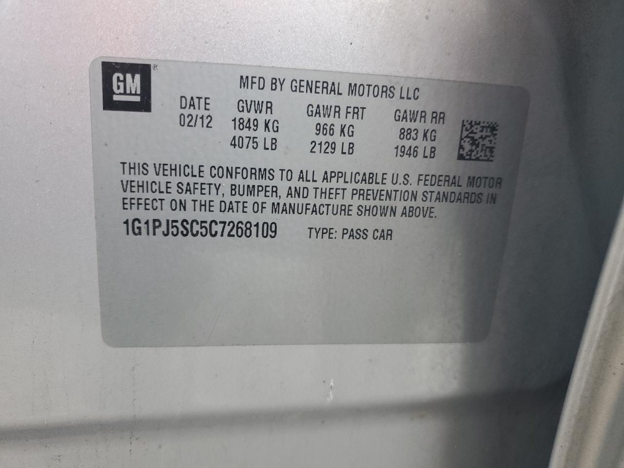 2012 Chevrolet Cruze Eco VIN: 1G1PJ5SC5C7268109 Lot: 86254644