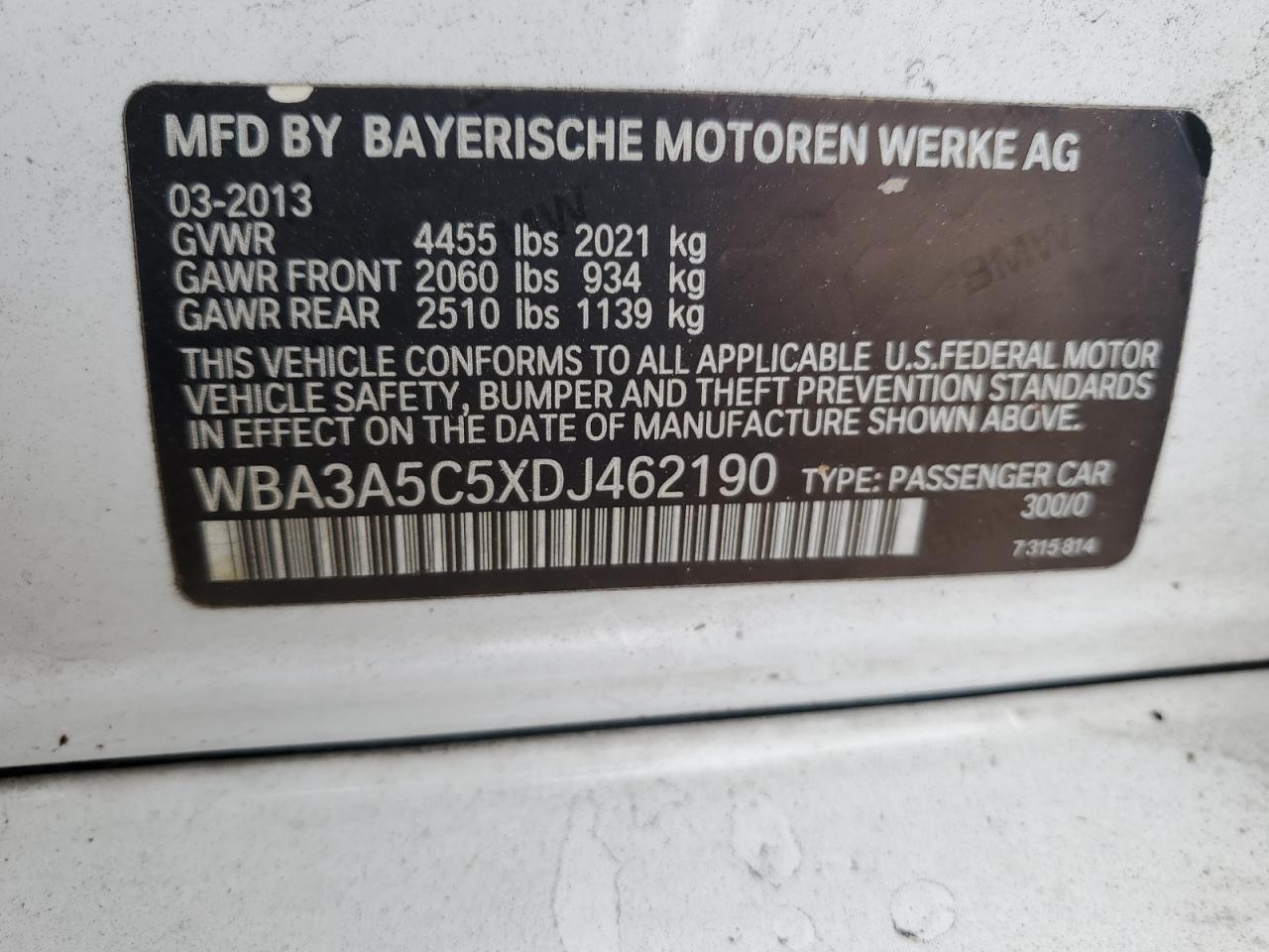 VIN WBA3A5C5XDJ462190 2013 BMW 3 SERIES no.13