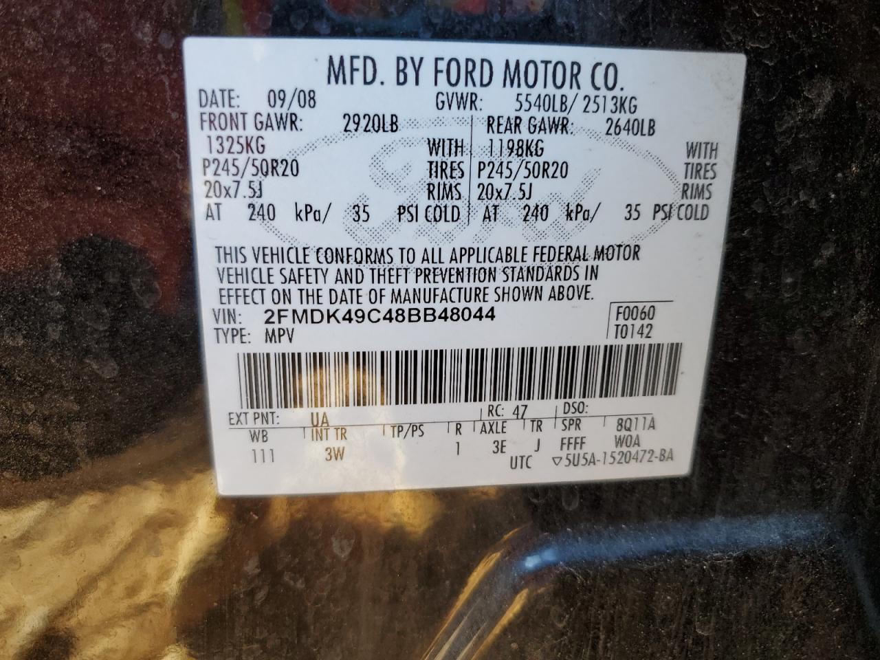 2008 Ford Edge Limited VIN: 2FMDK49C48BB48044 Lot: 86332054