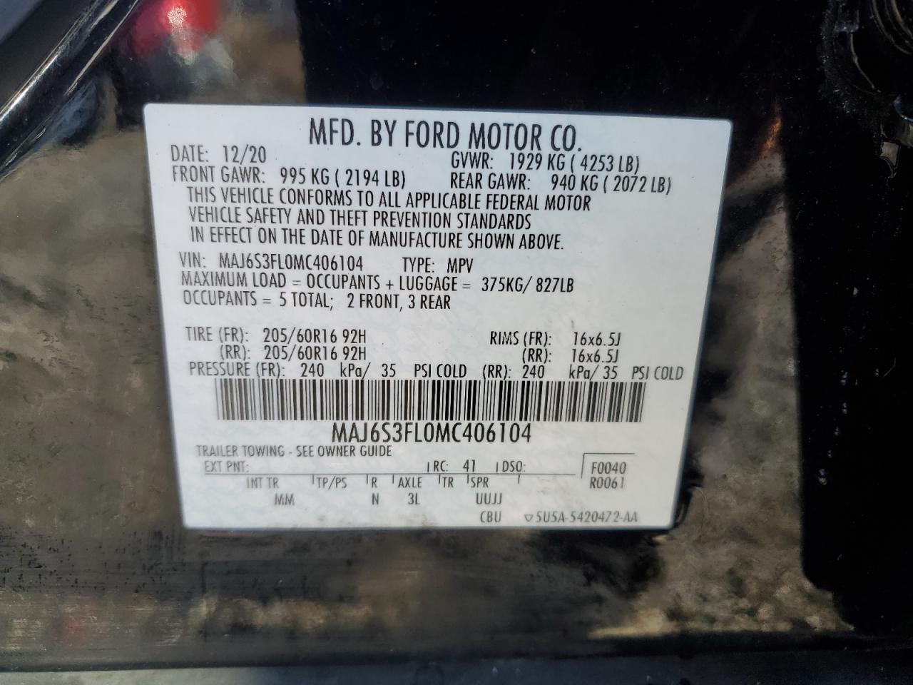 VIN MAJ6S3FL0MC406104 2021 FORD ECOSPORT no.13