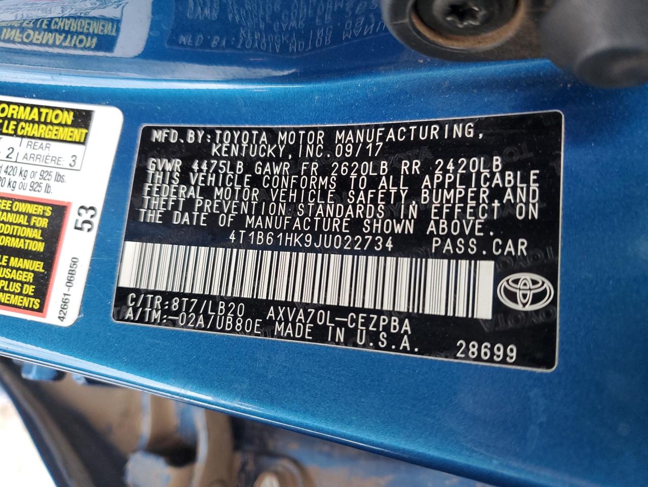 VIN 4T1B61HK9JU022734 2018 TOYOTA CAMRY no.12