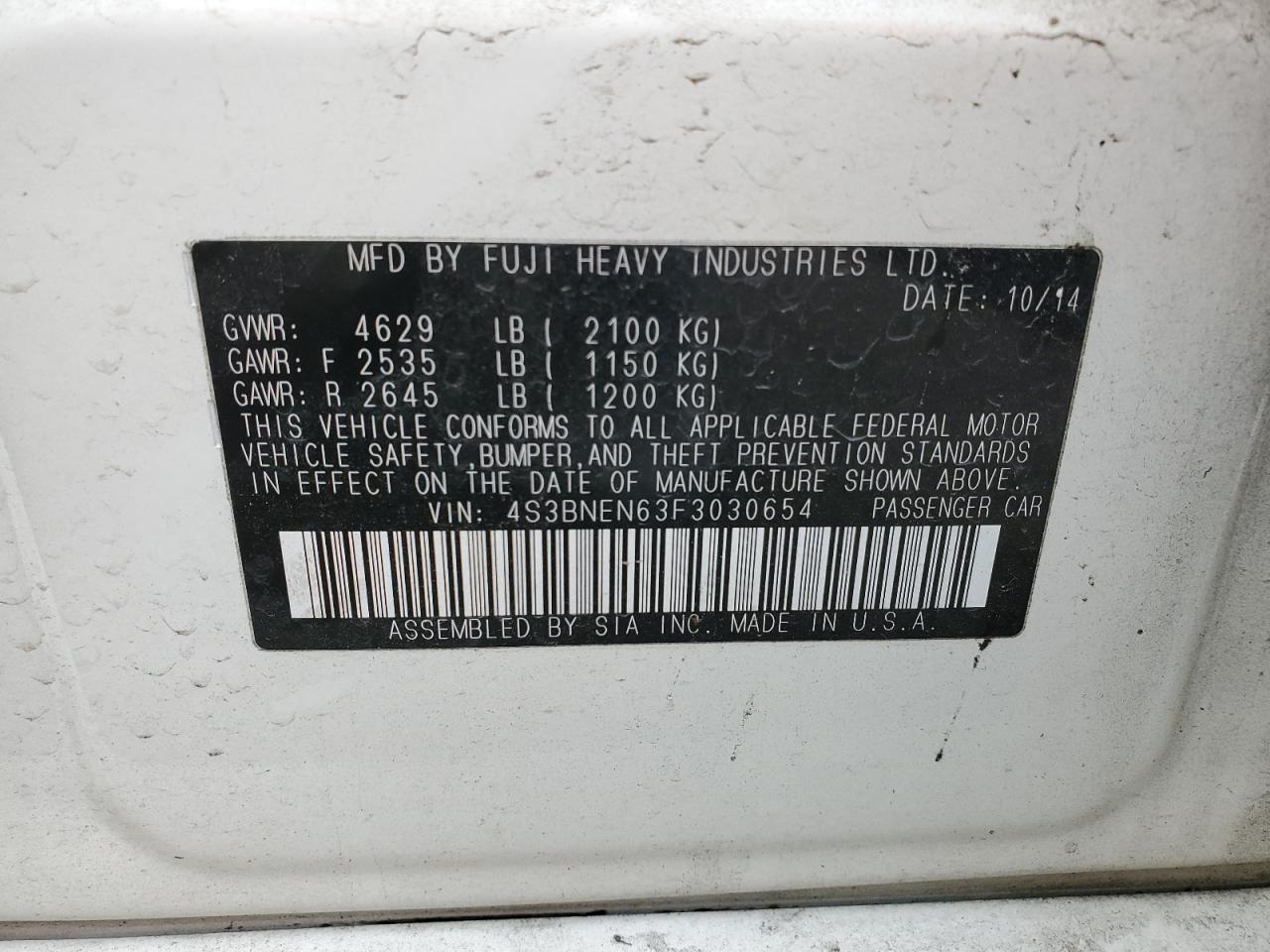 VIN 4S3BNEN63F3030654 2015 SUBARU LEGACY no.12