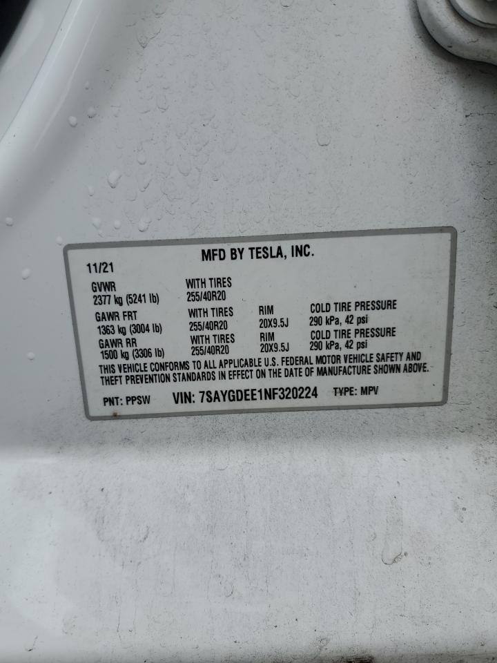 VIN 7SAYGDEE1NF320224 2022 TESLA MODEL Y no.12