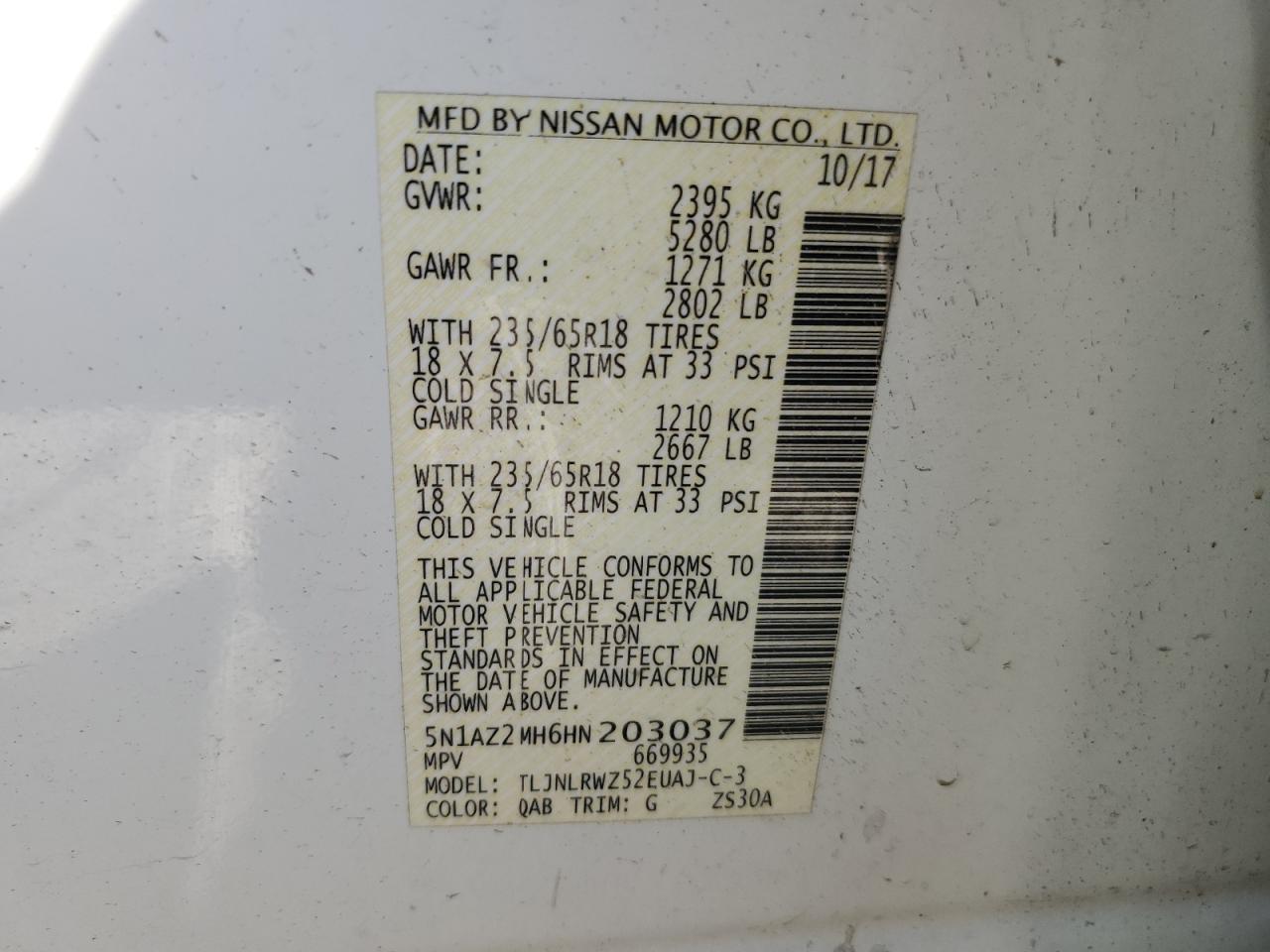 2017 Nissan Murano S VIN: 5N1AZ2MH6HN203037 Lot: 85762134