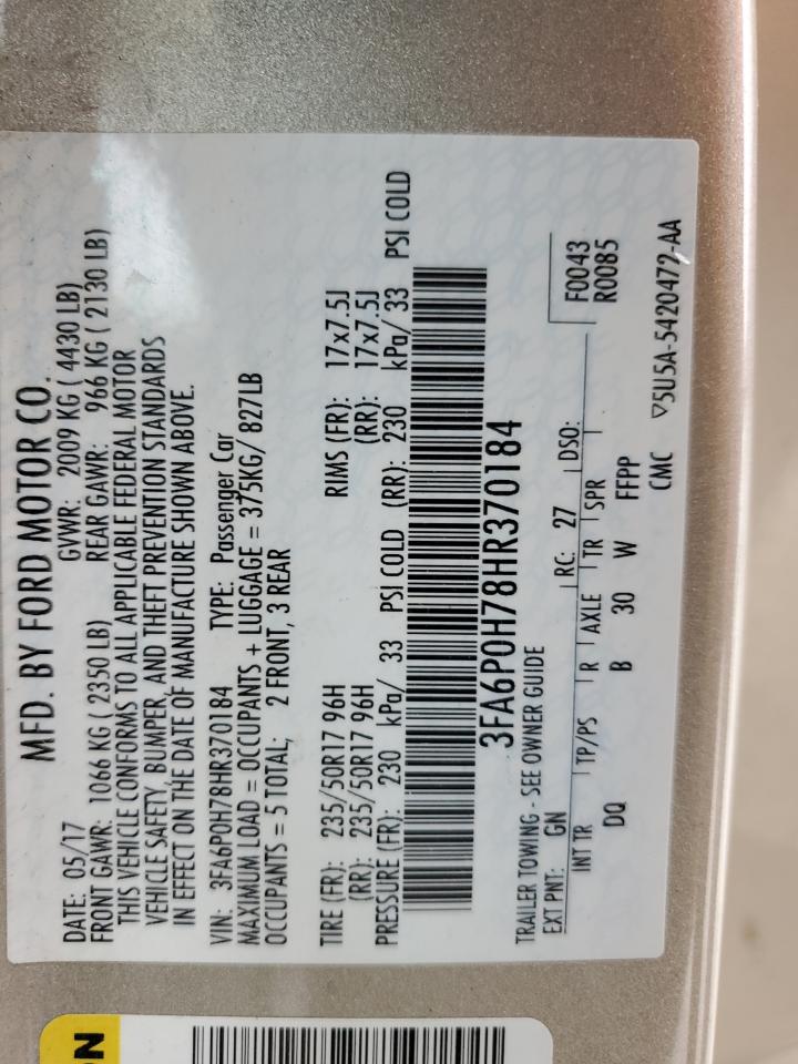 2017 Ford Fusion Se VIN: 3FA6P0H78HR370184 Lot: 92927375