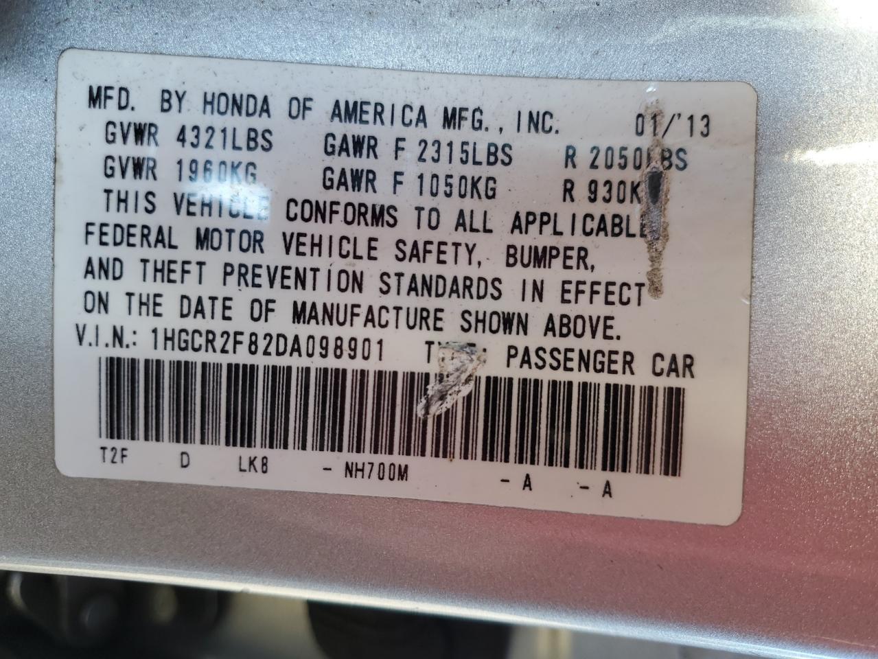 VIN 1HGCR2F82DA098901 2013 HONDA ACCORD no.13