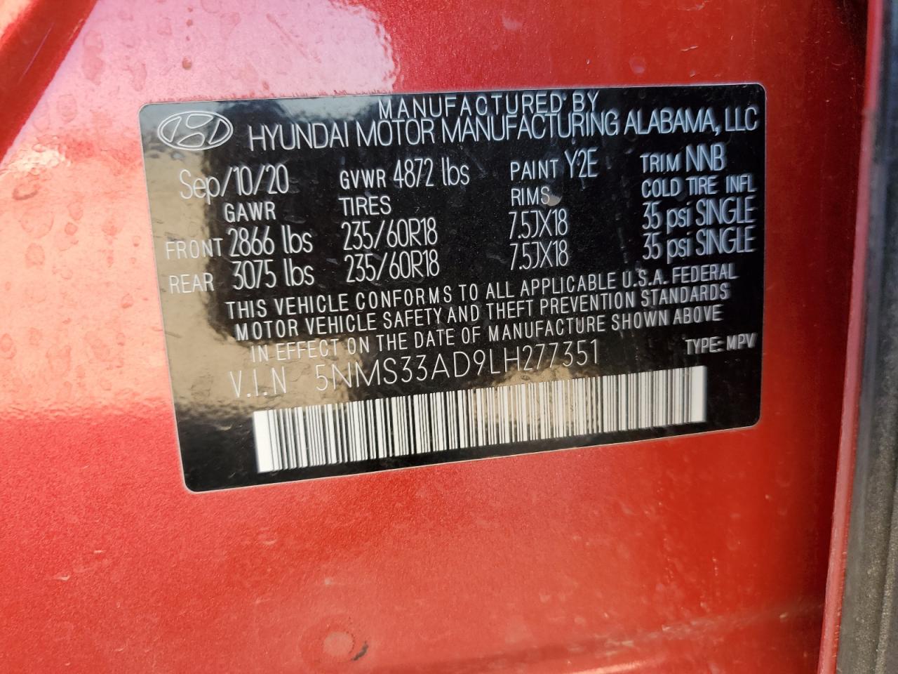 VIN 5NMS33AD9LH277351 2020 HYUNDAI SANTA FE no.14