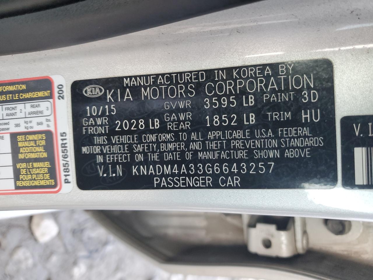 VIN KNADM4A33G6643257 2016 KIA RIO no.12