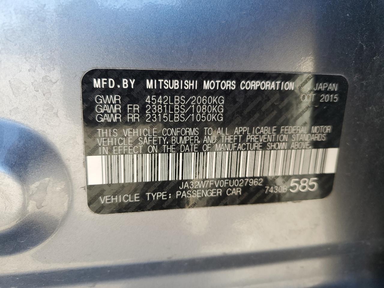 2015 Mitsubishi Lancer Evolution VIN: JA32W7FV0FU027962 Lot: 85763774