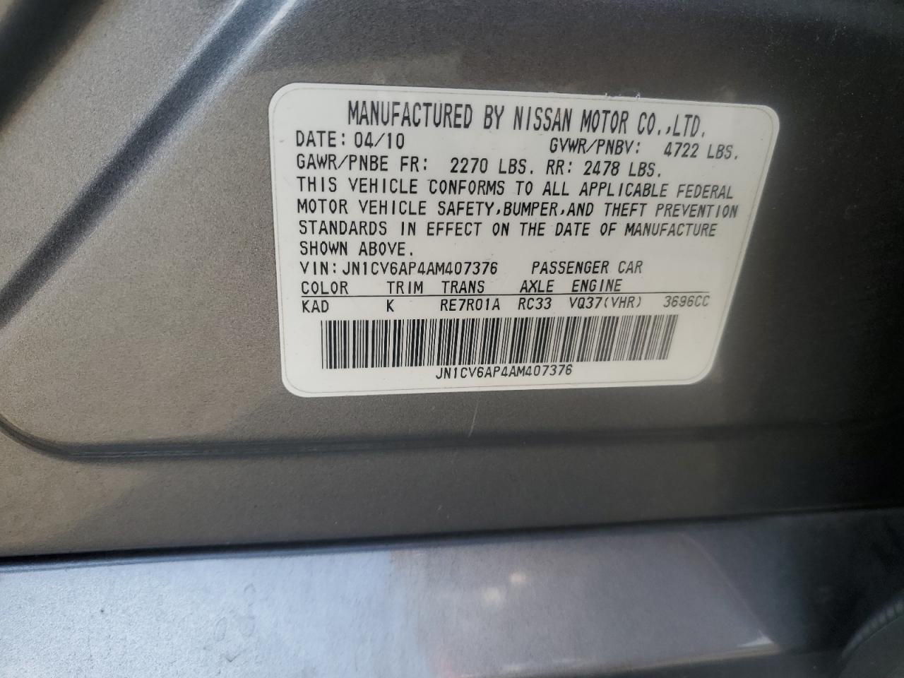 2010 Infiniti G37 Base VIN: JN1CV6AP4AM407376 Lot: 84511914