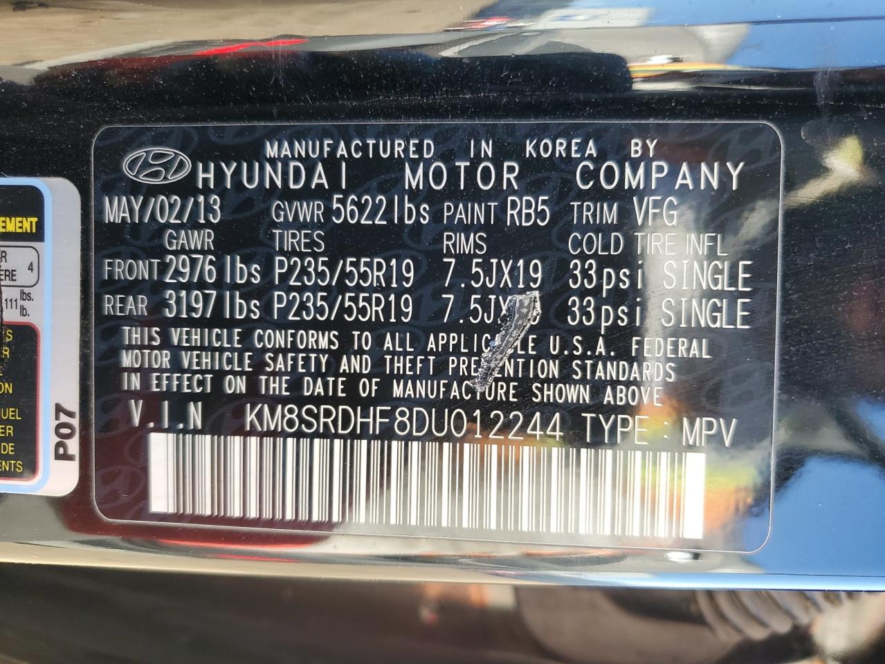 VIN KM8SRDHF8DU012244 2013 HYUNDAI SANTA FE no.13