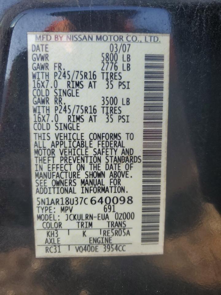 2007 Nissan Pathfinder Le VIN: 5N1AR18U37C640098 Lot: 55239985
