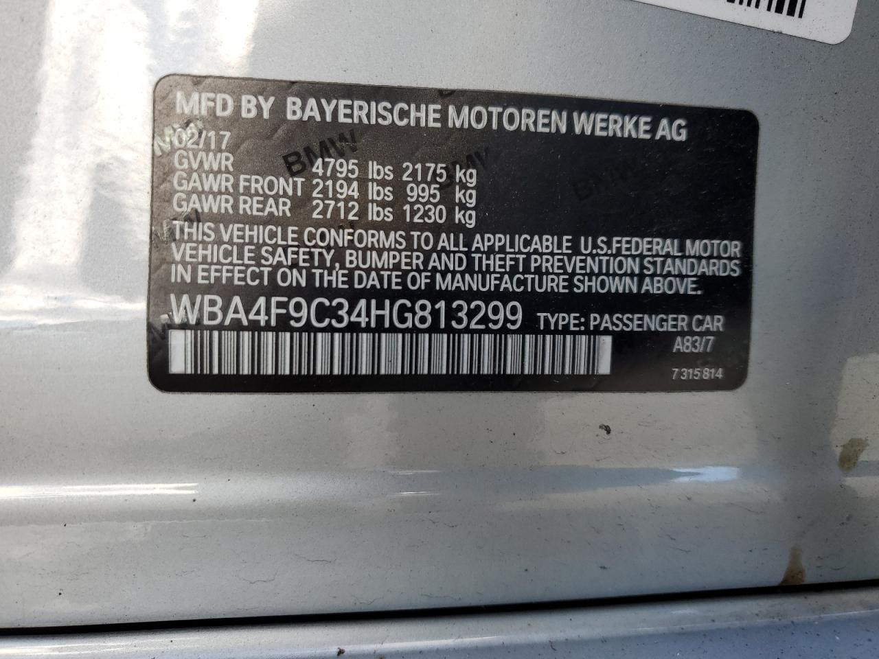 VIN WBA4F9C34HG813299 2017 BMW 4 SERIES no.12