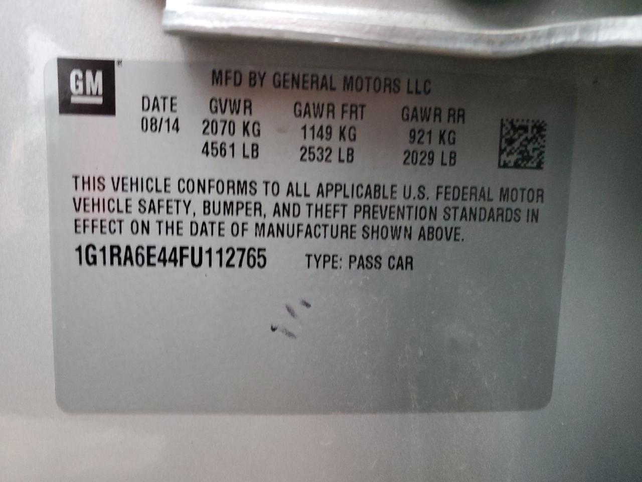 2015 Chevrolet Volt VIN: 1G1RA6E44FU112765 Lot: 86265464