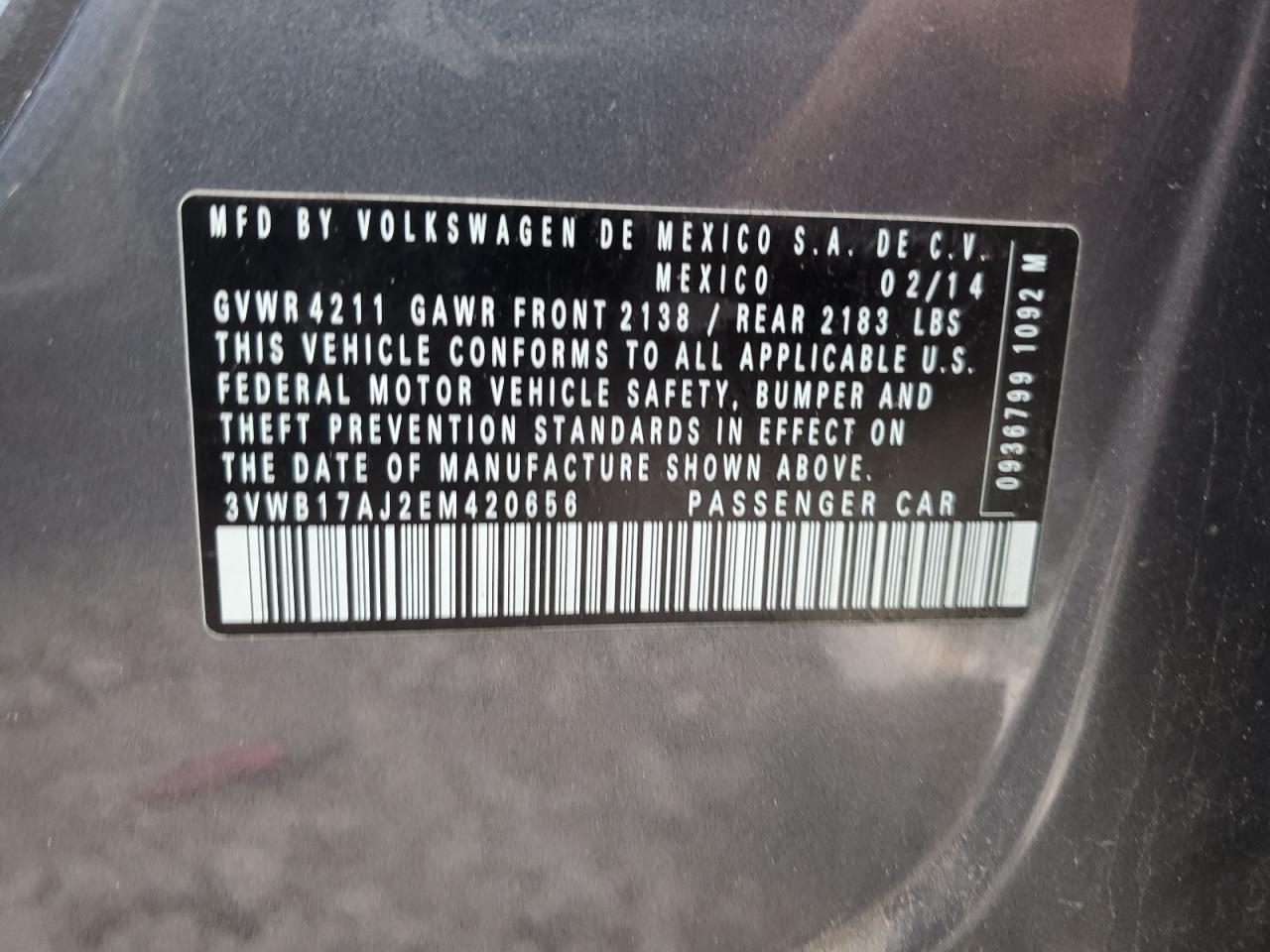 2014 Volkswagen Jetta Se VIN: 3VWB17AJ2EM420656 Lot: 50691415