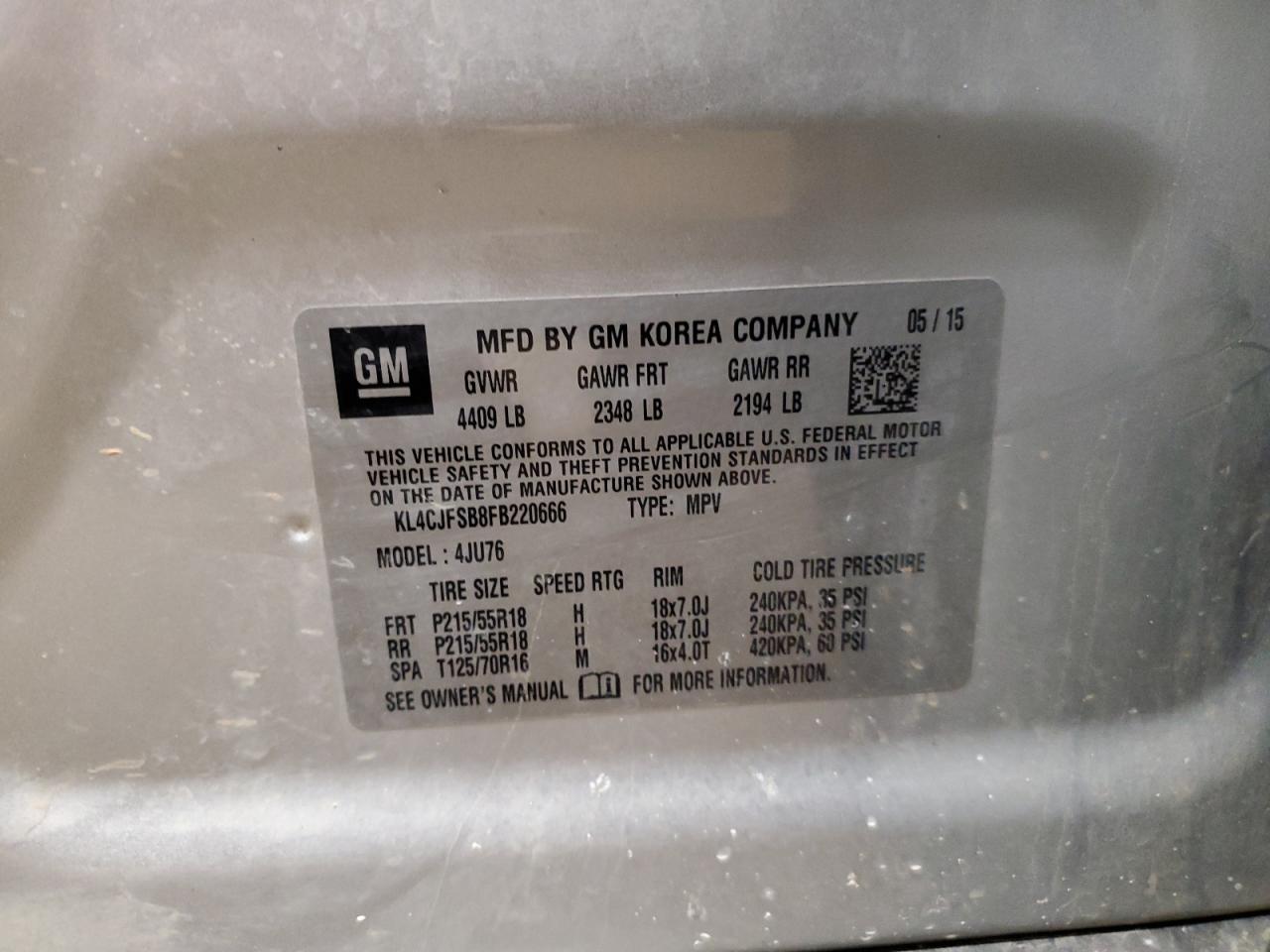 2015 BUICK ENCORE with REAR END damage, VIN KL4CJFSB8FB220666