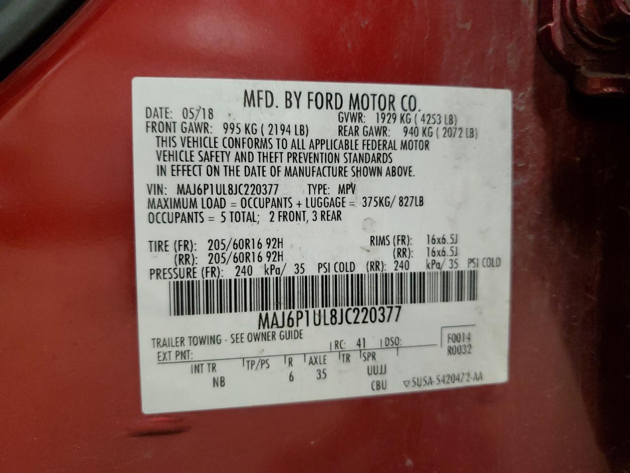 VIN MAJ6P1UL8JC220377 2018 FORD ECOSPORT no.13