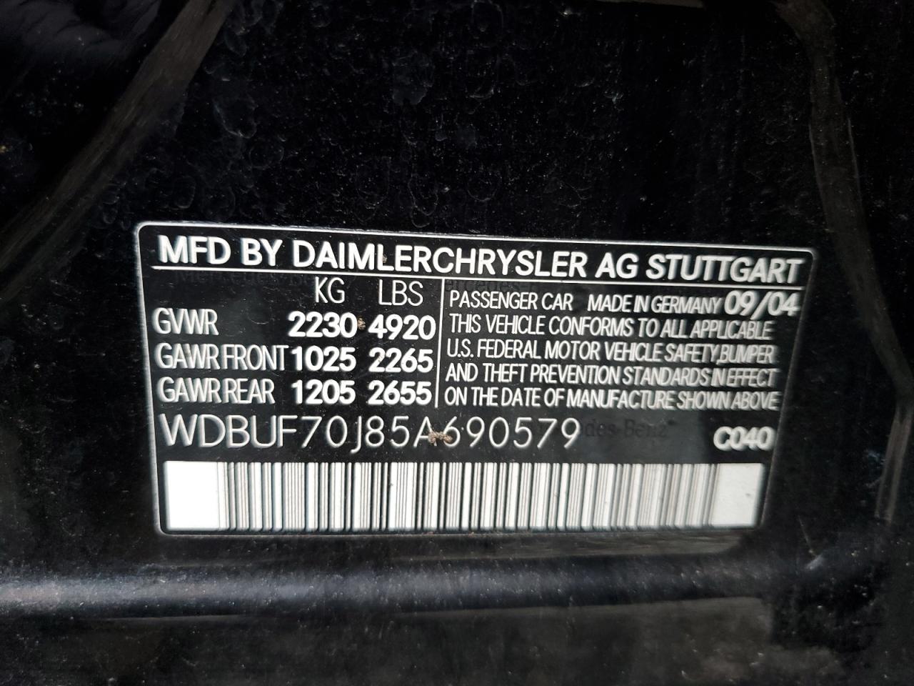 2005 Mercedes-Benz E 500 VIN: WDBUF70J85A690579 Lot: 85897984