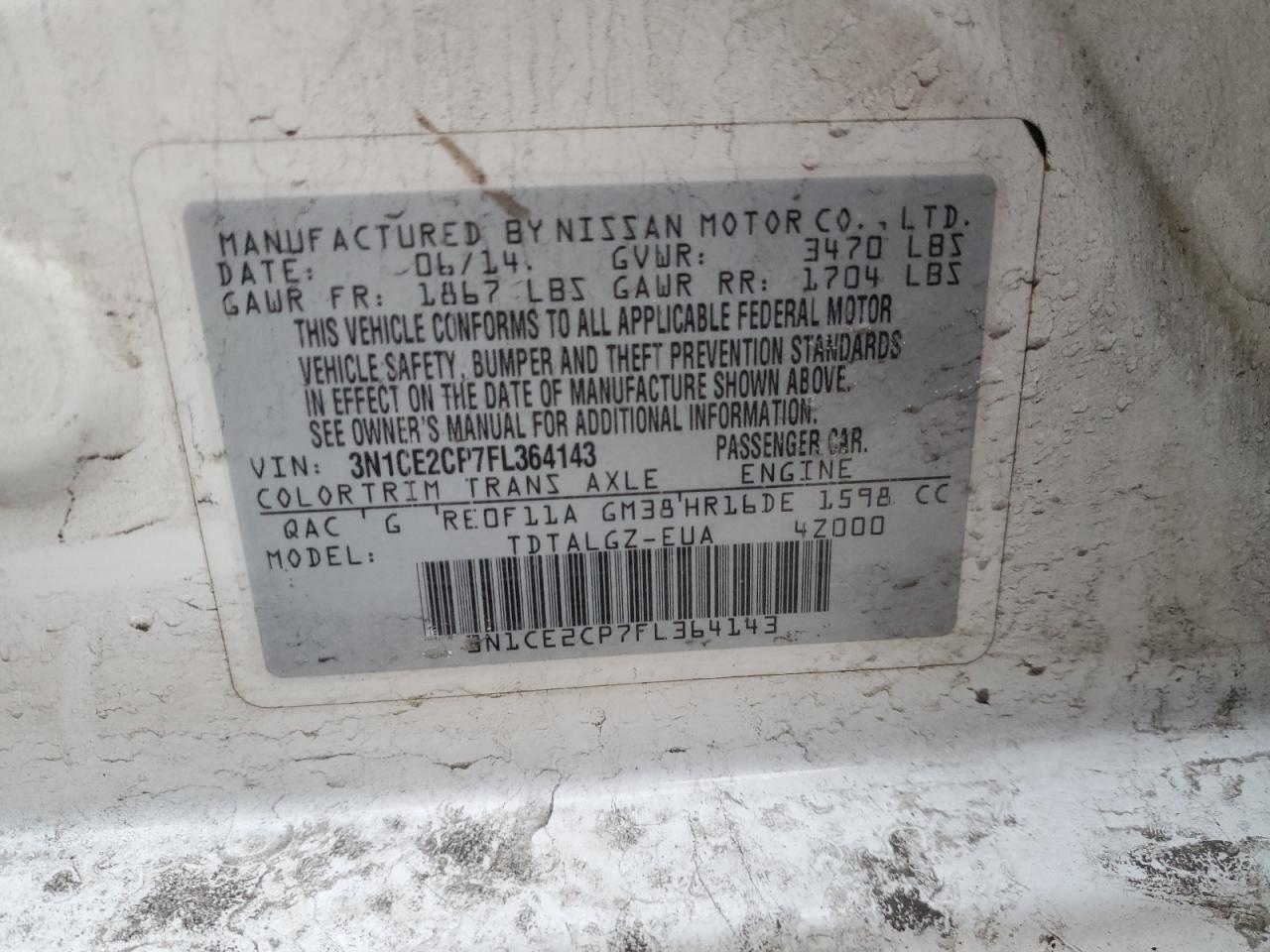 VIN 3N1CE2CP7FL364143 2015 NISSAN VERSA no.12