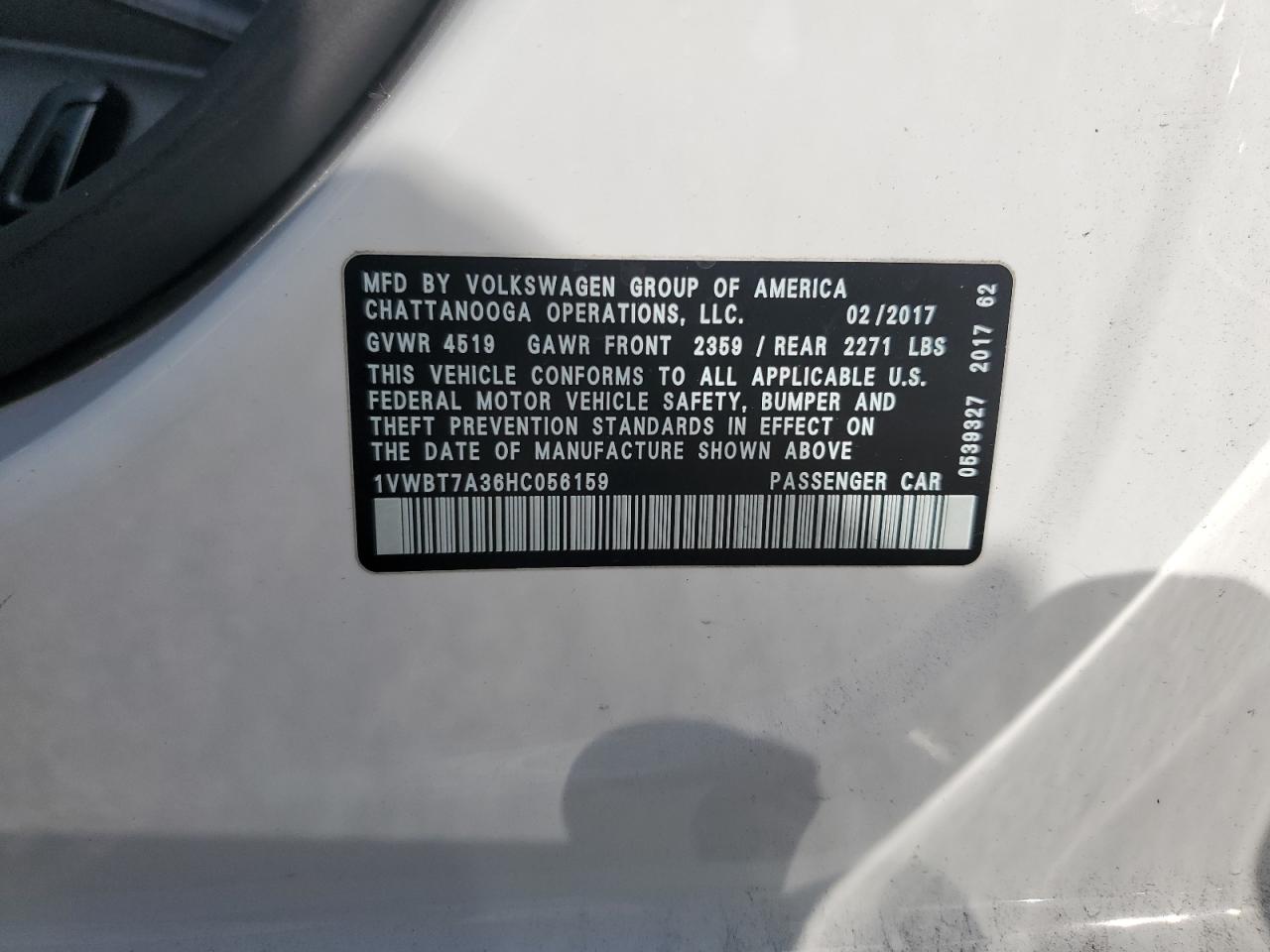 2017 Volkswagen Passat Se VIN: 1VWBT7A36HC056159 Lot: 84255234
