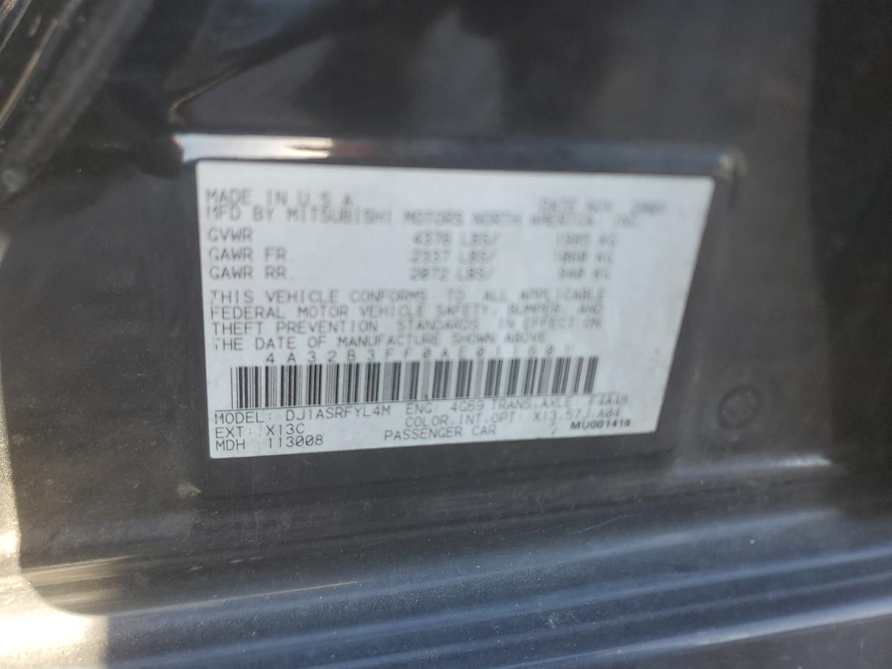 2010 Mitsubishi Galant Es VIN: 4A32B3FF0AE011601 Lot: 86568244