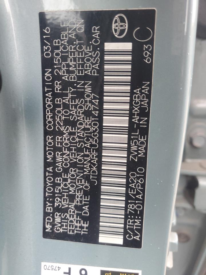 2016 Toyota Prius VIN: JTDKARFU5G3014747 Lot: 86293954