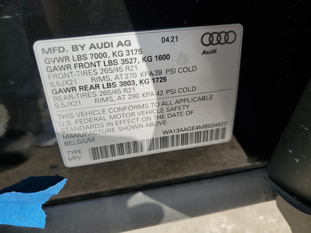 VIN WA13AAGE4MB034920 2021 AUDI E-TRON no.13