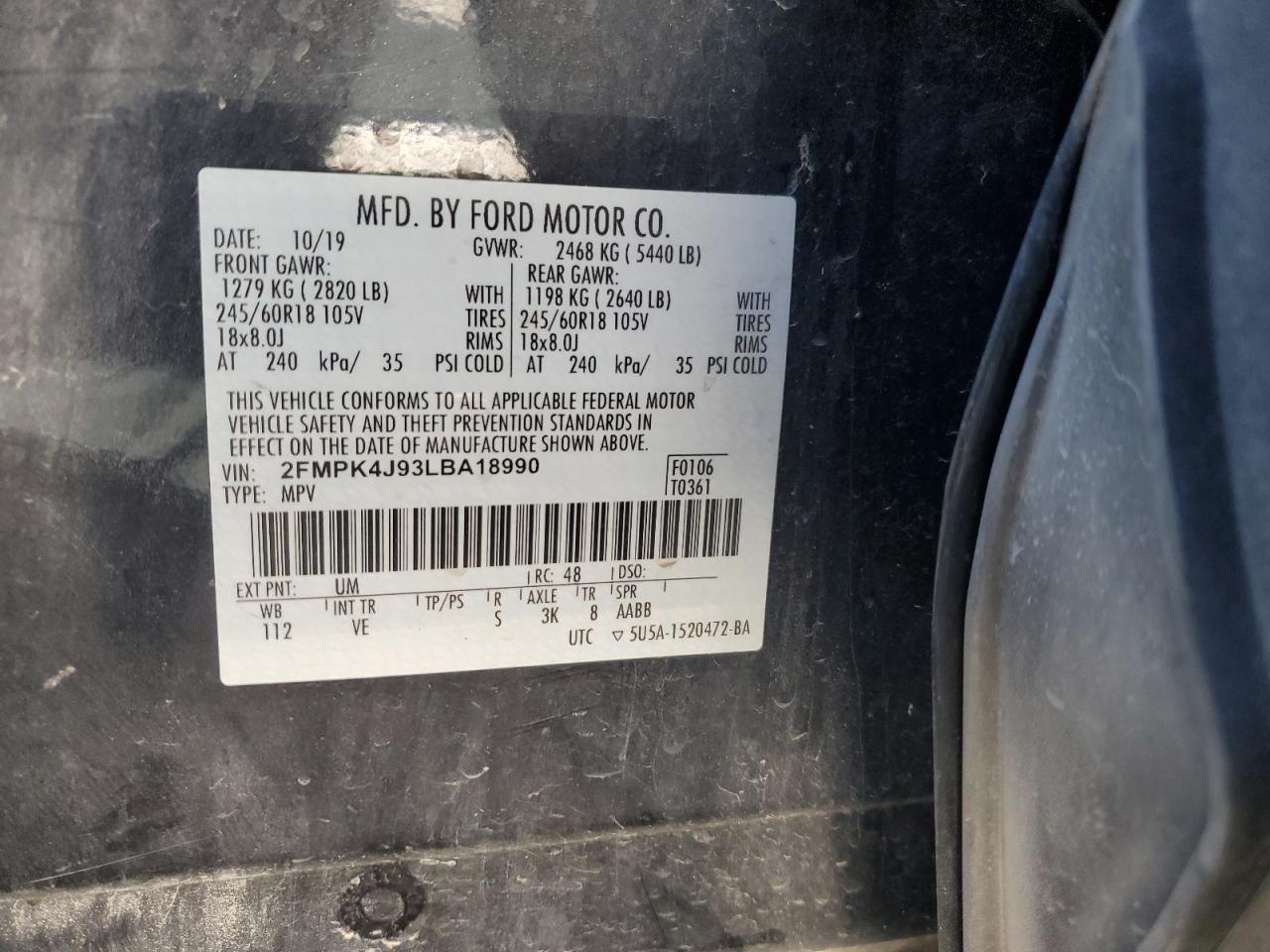 2020 Ford Edge Sel VIN: 2FMPK4J93LBA18990 Lot: 60497605