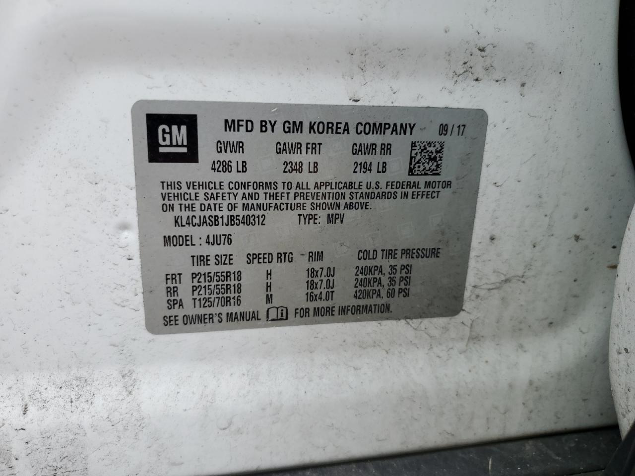 2018 Buick Encore Preferred VIN: KL4CJASB1JB540312 Lot: 85565484