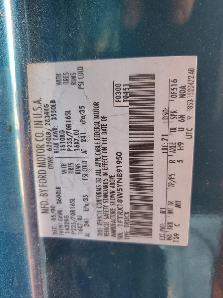 2000 Ford F150 VIN: 1FTRX18W5YNB91950 Lot: 84654584