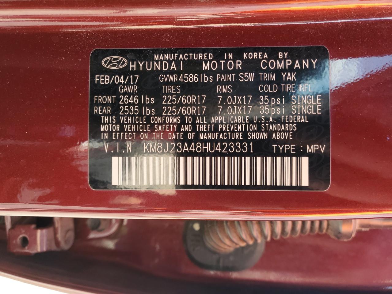 VIN KM8J23A48HU423331 2017 HYUNDAI TUCSON no.14