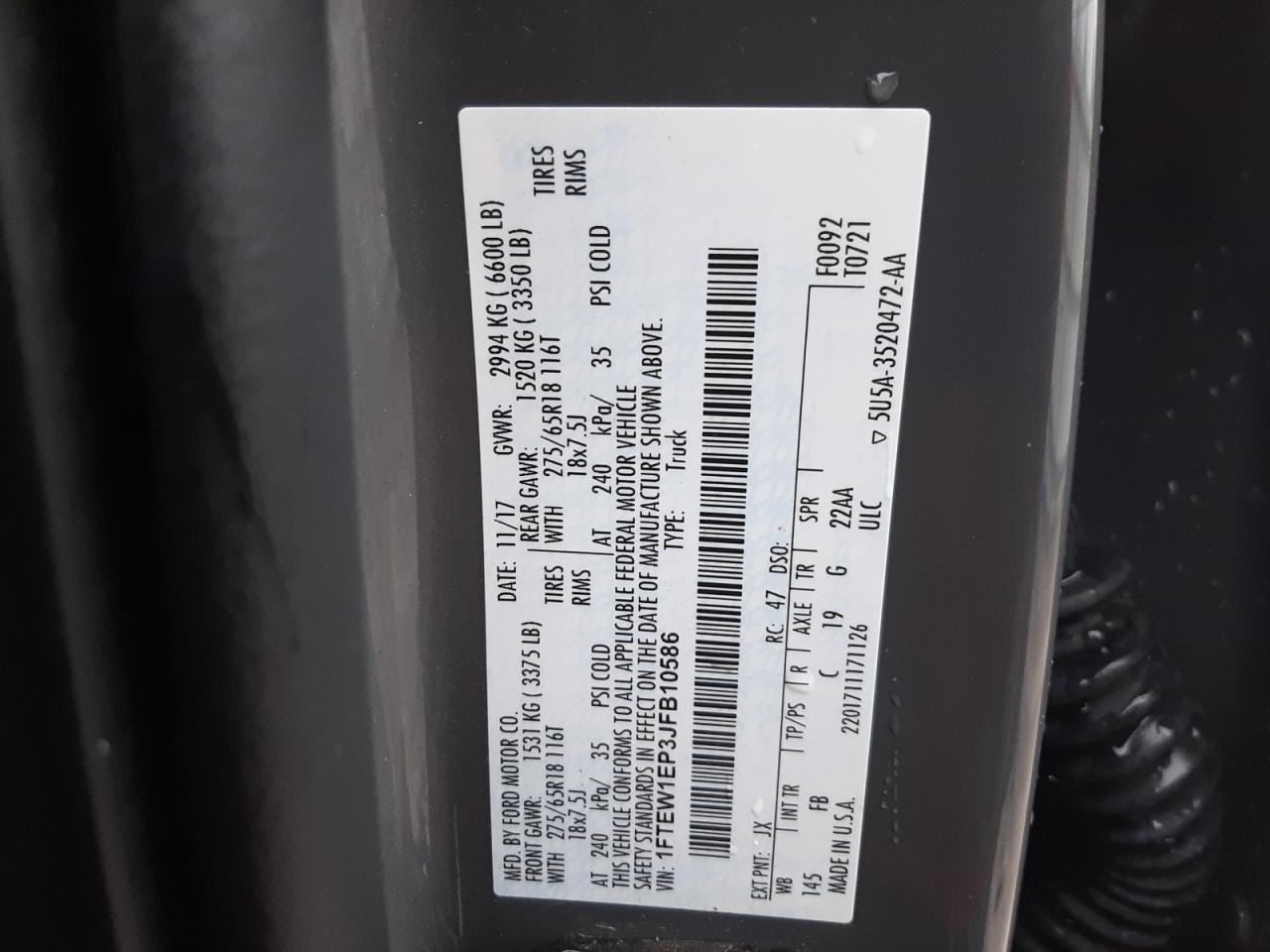 2018 Ford F150 Supercrew VIN: 1FTEW1EP3JFB10586 Lot: 84994184