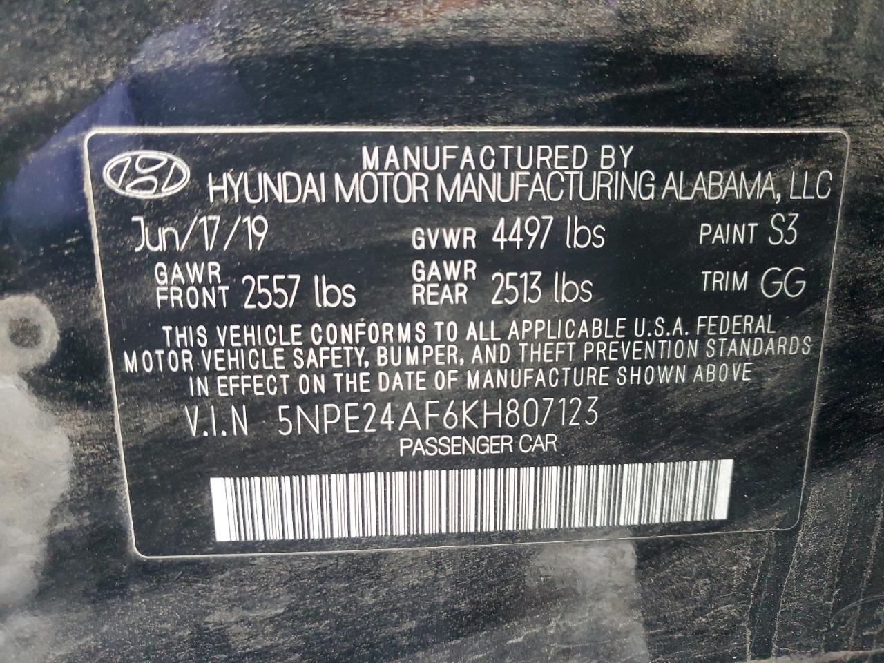 VIN 5NPE24AF6KH807123 2019 HYUNDAI SONATA no.13