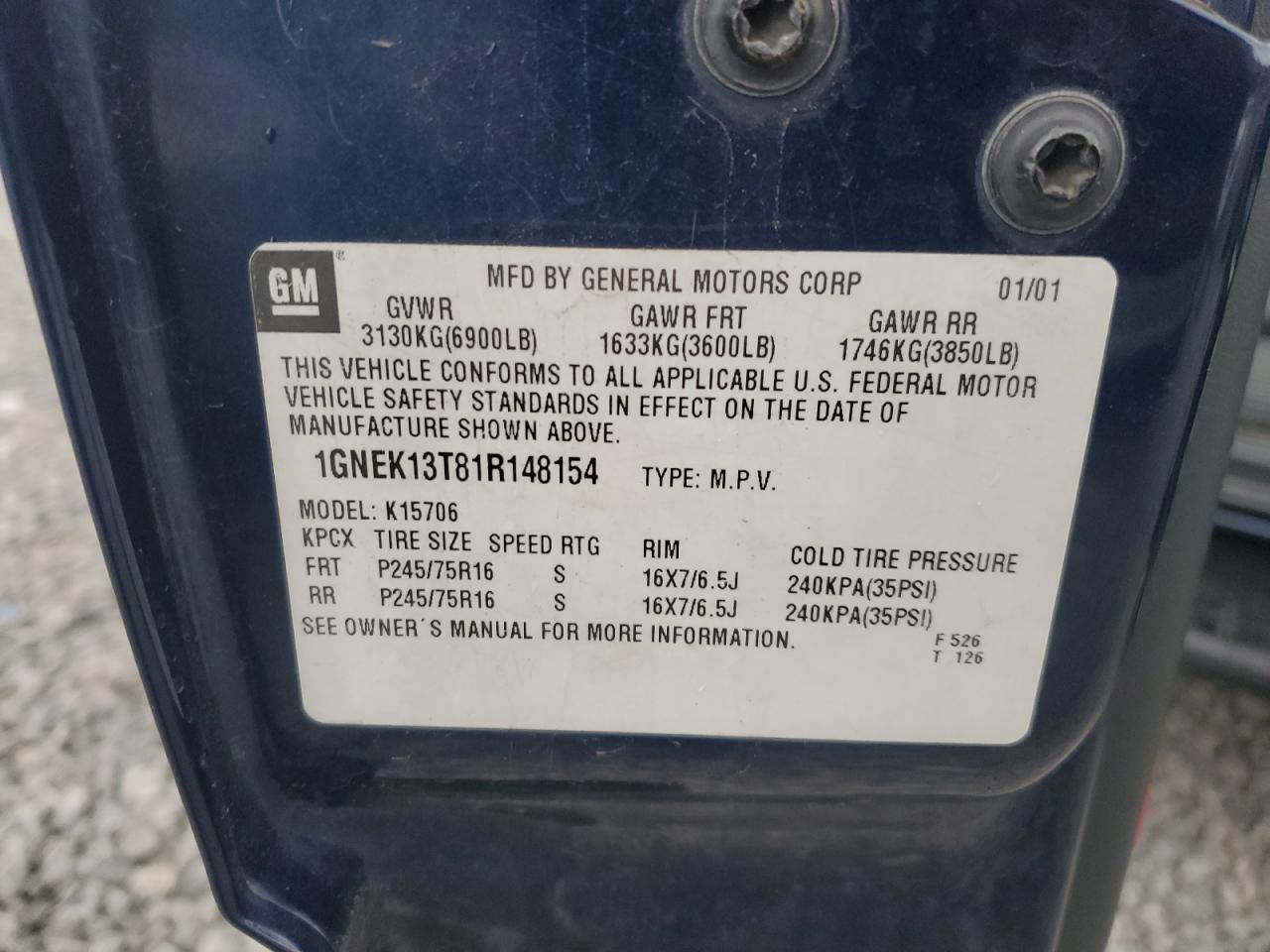 2001 Chevrolet Tahoe K1500 VIN: 1GNEK13T81R148154 Lot: 68758725