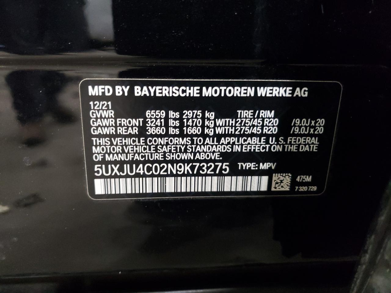2022 BMW X5 M50I VIN: 5UXJU4C02N9K73275 Lot: 85264594