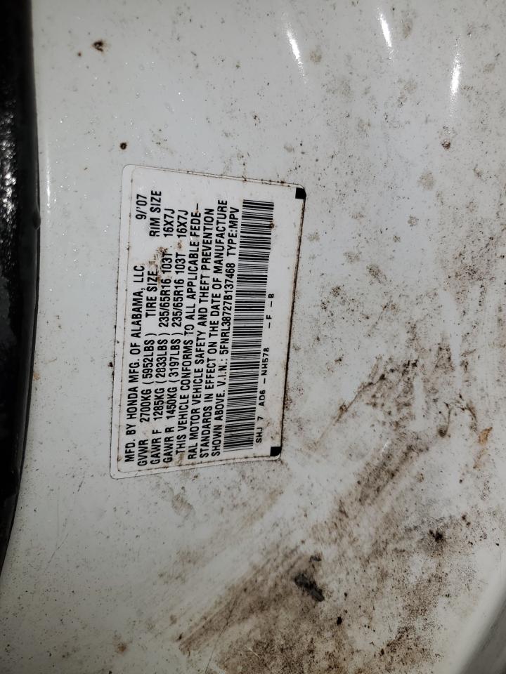 2007 Honda Odyssey Exl VIN: 5FNRL38727B137468 Lot: 84395734